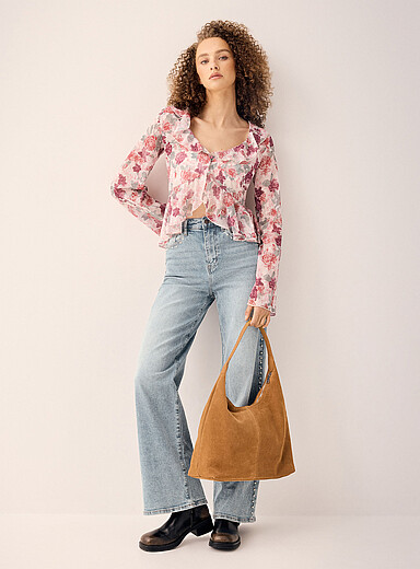 Twik Patterned pink Ruffles sheer chiffon blouse for women