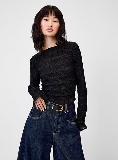 Twik Black Smocked long-sleeve blouse for women