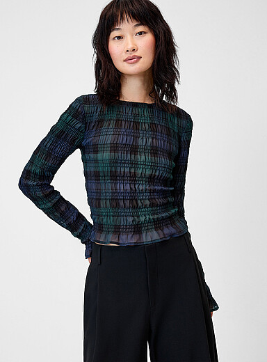 Smocked long-sleeve blouse