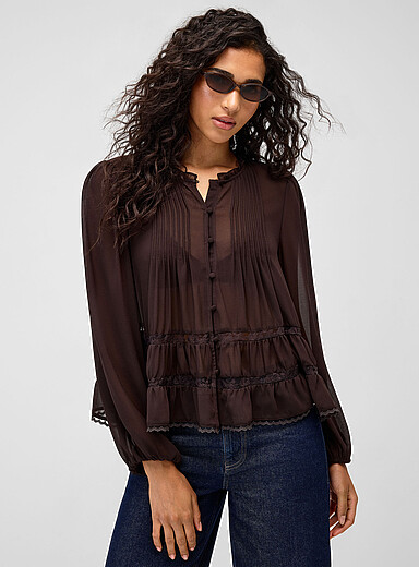 Twik Brown Ruffled sheer chiffon blouse for women