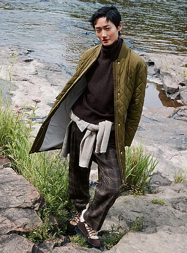 Bomber-collar quilted &frac34; jacket