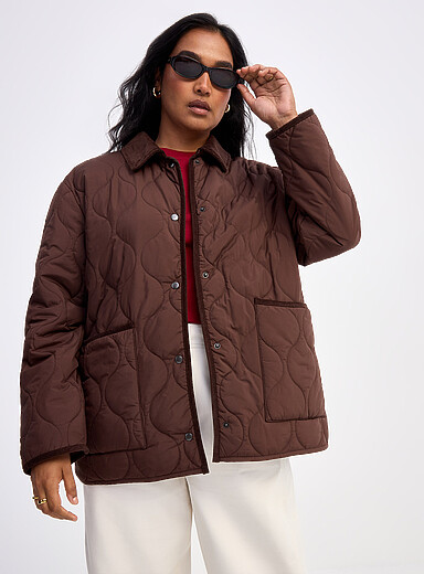 Contemporaine: Le manteau matelass&eacute; col chemise velours c&ocirc;tel&eacute; Chocolat - Espresso pour femme