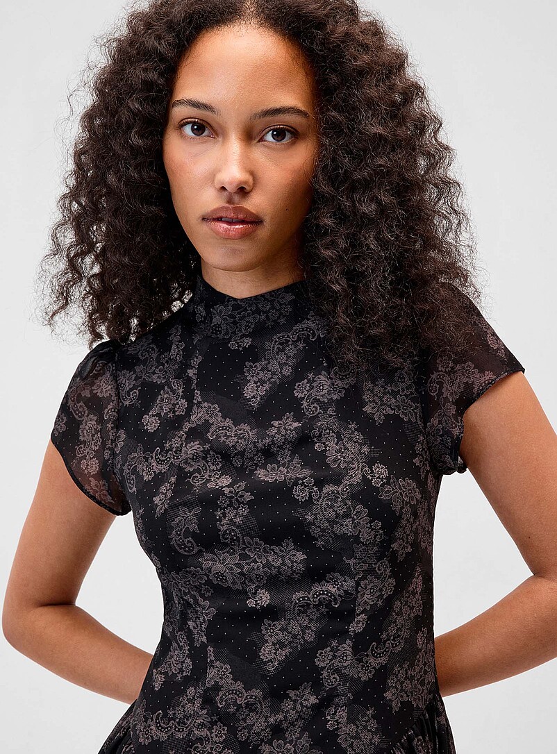 Twik Patterned Black Fit-and-flare chiffon dress for women