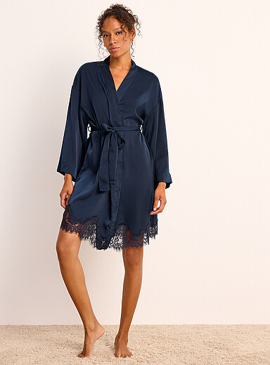 Miiyu Indigo/Dark Blue Lace accent short satiny robe for women