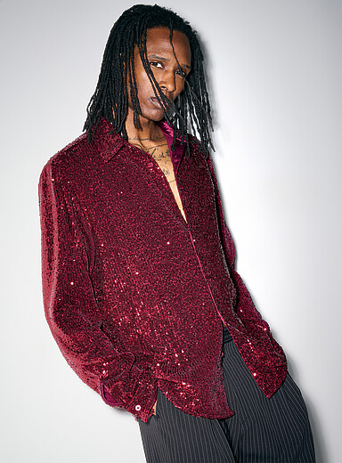 Le 31 Red Shimmery sequin shirt <b>Modern fit</b> for men