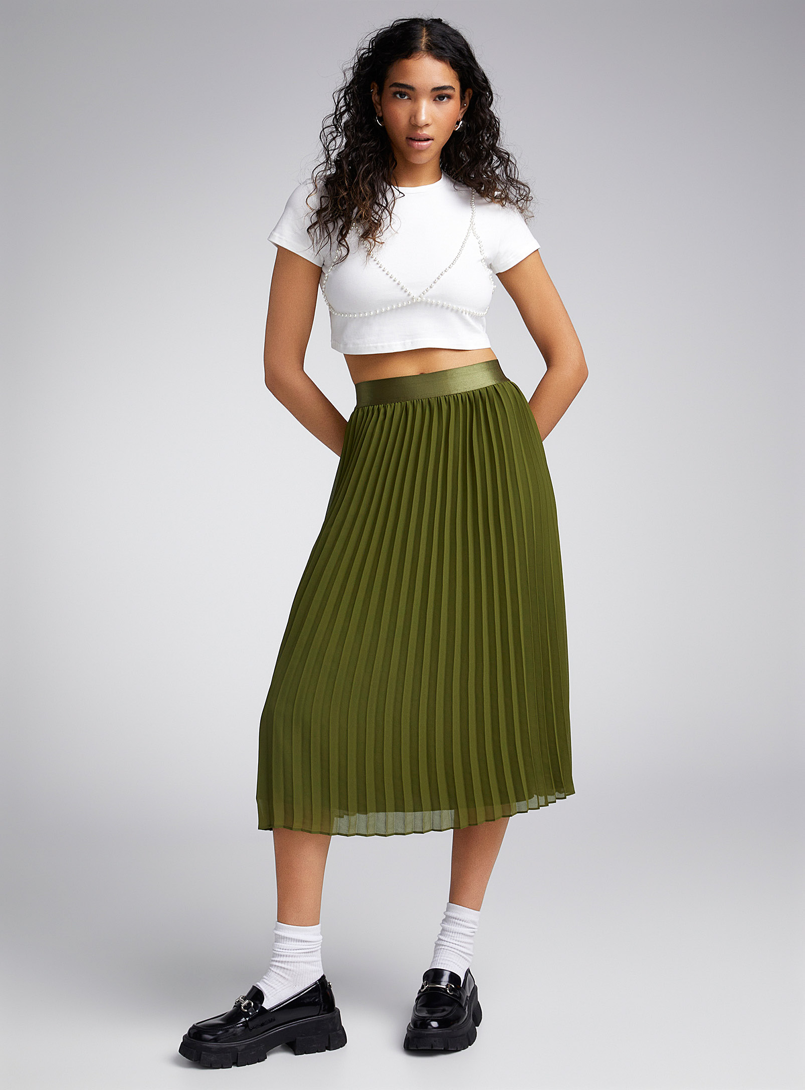 Twik Pleated Voile Midi Skirt In Mossy Green