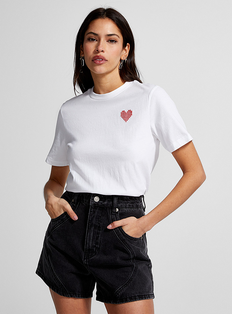 Icône White Organic cotton embroidered heart tee for women