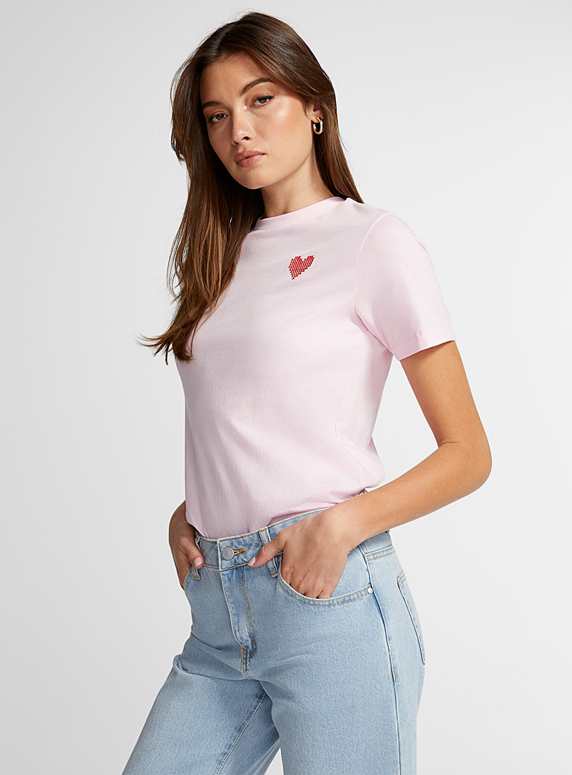 Icône Pink Organic cotton embroidered heart tee for women