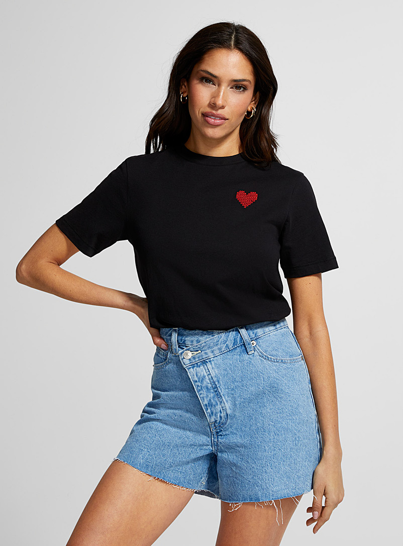 Icône Patterned Black Organic cotton embroidered heart tee for women