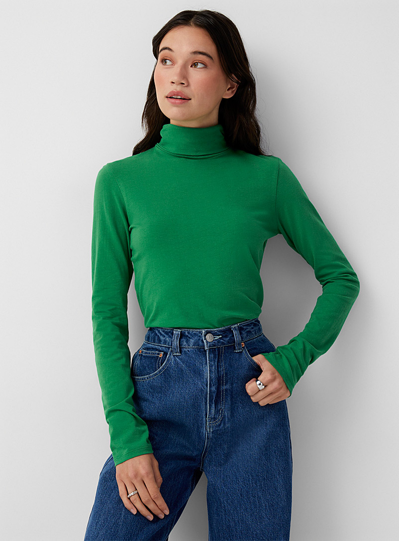 Twik Lime Green Organic cotton turtleneck T-shirt for women