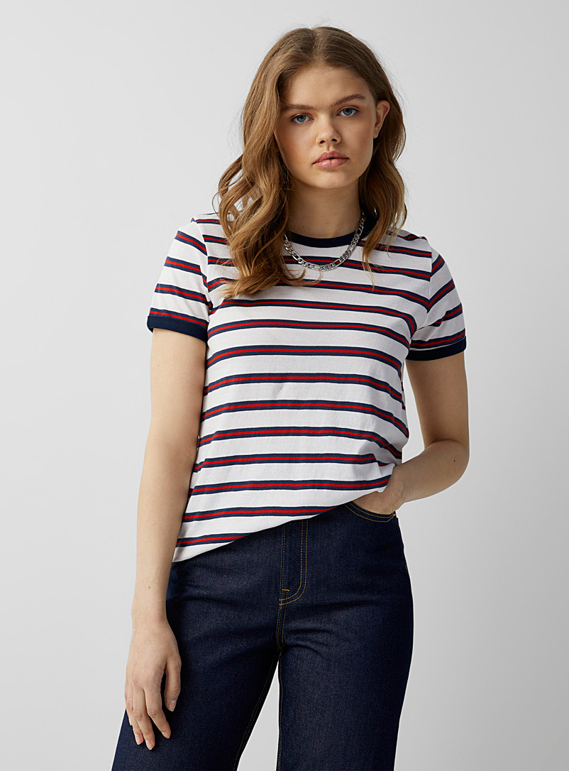 Twik Patterned White Accent-striped organic cotton tee for women