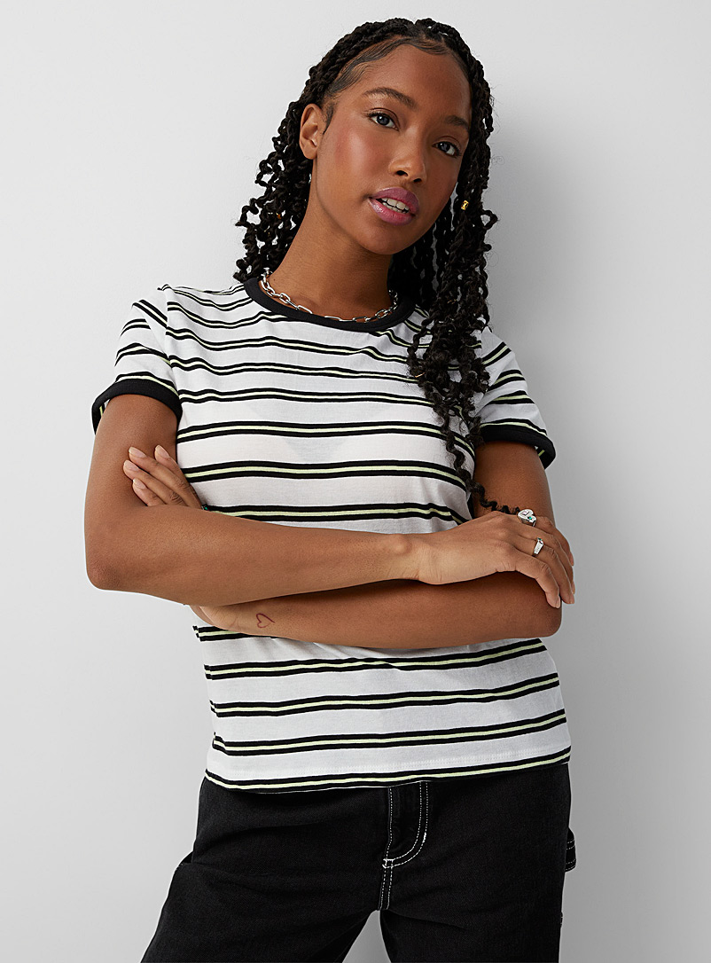 Twik Patterned Black Accent-striped organic cotton tee for women