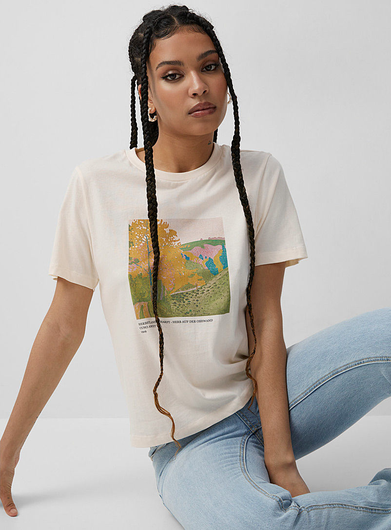 Icône Beige Illustrated organic cotton T-shirt for women