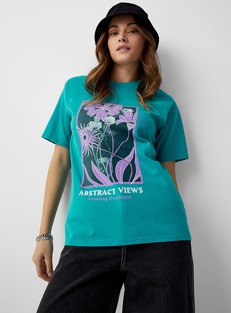Twik Teal green Oversized washed and printed T-shirt for women