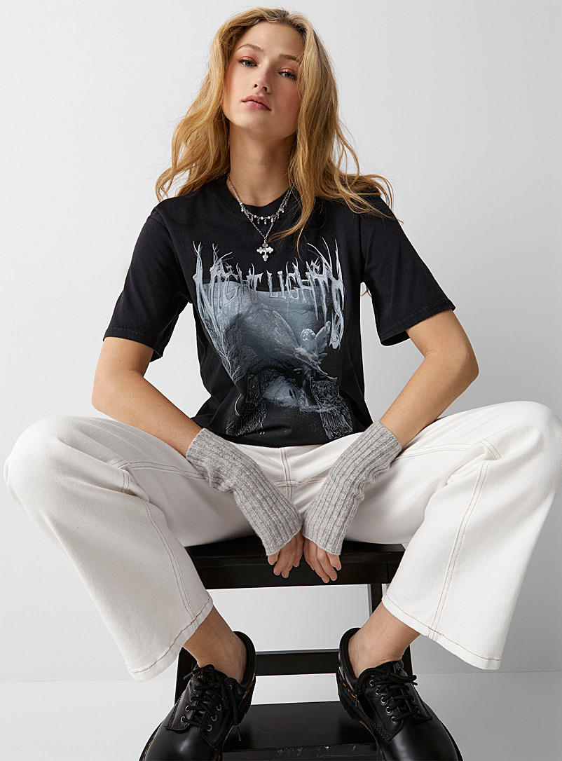 Twik Dark Grey Printed washed organic cotton T-shirt for women