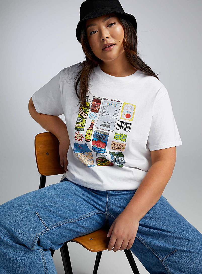 Twik: Le t-shirt ample délavé et imprimé Blanc à motifs pour femme