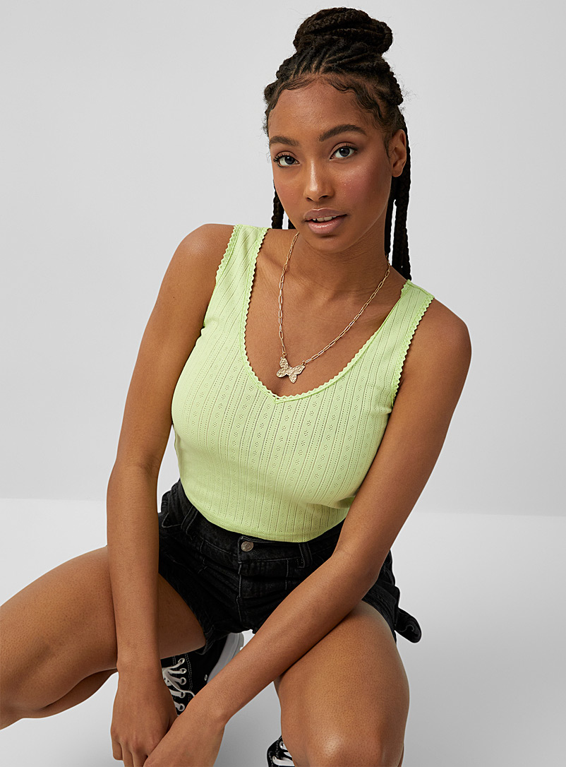 Twik Lime Green Cropped pointelle pattern cami for women