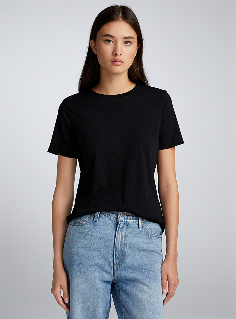 T-shirt en coton à manches Check (Noir) - Femme