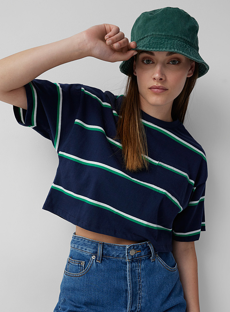 Twik Dark Blue Striped boxy T-shirt for women