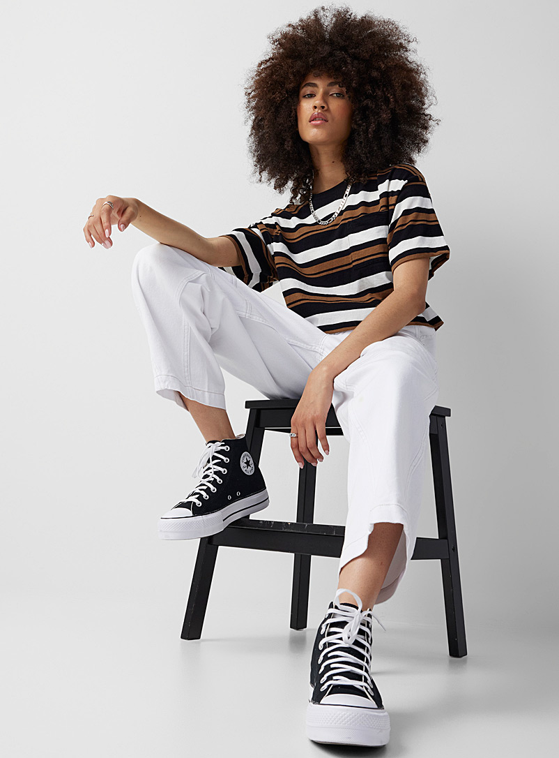 Twik Patterned Black Striped boxy T-shirt for women