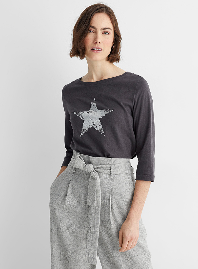 Contemporaine Patterned Grey Metallic print boatneck T-shirt for women
