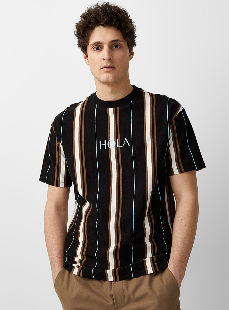 Le 31 Black Embroidered message striped T-shirt for men