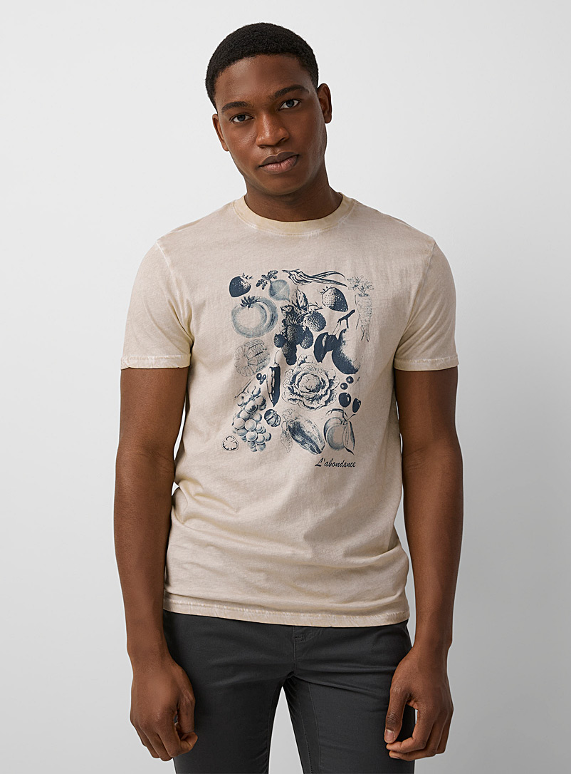 Le 31 Ecru/Linen Oil-washed print T-shirt for men