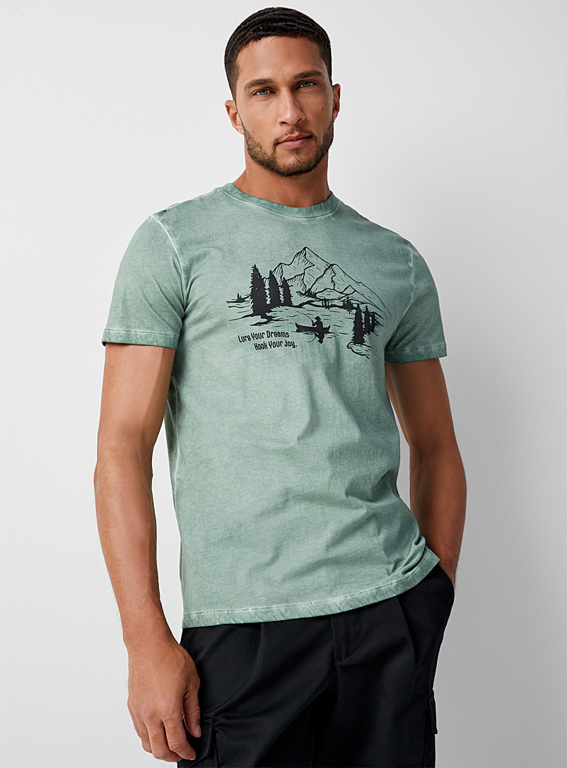 Le 31 Lime Green Oil-washed print T-shirt for men