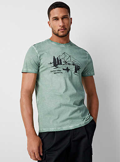 Le 31 Lime Green Oil-washed print T-shirt for men