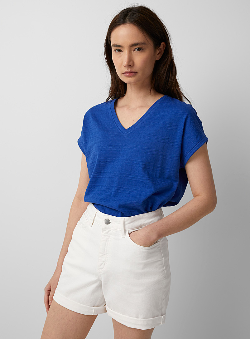 Contemporaine Sapphire Blue Textured stripes V-neck T-shirt for women