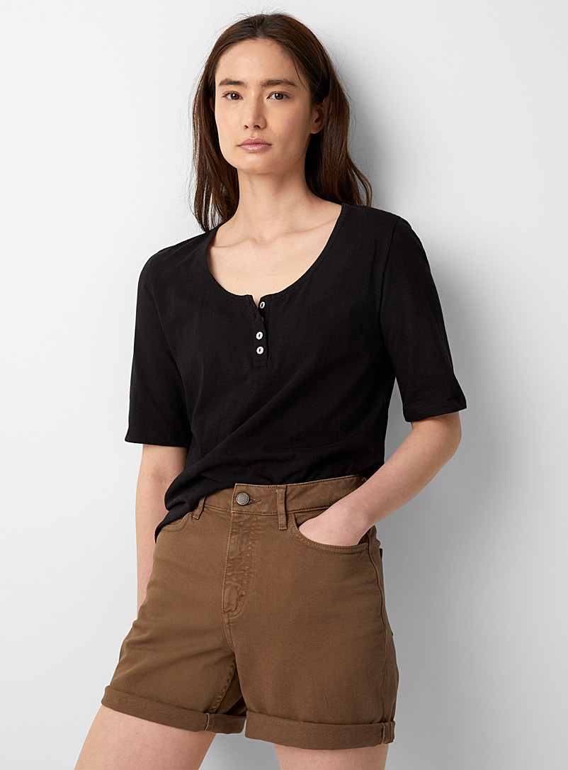 Contemporaine Black Slub jersey buttoned-collar T-shirt for women