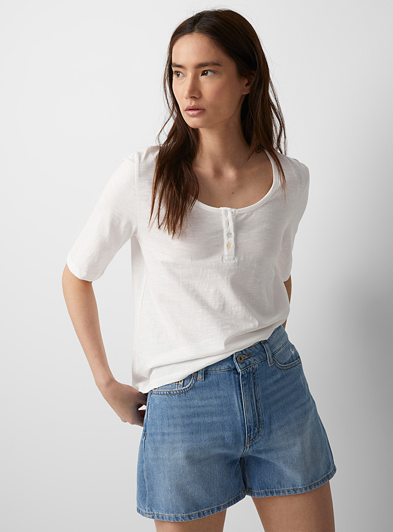 Contemporaine: Le t-shirt col boutonné jersey flammé Blanc pour femme