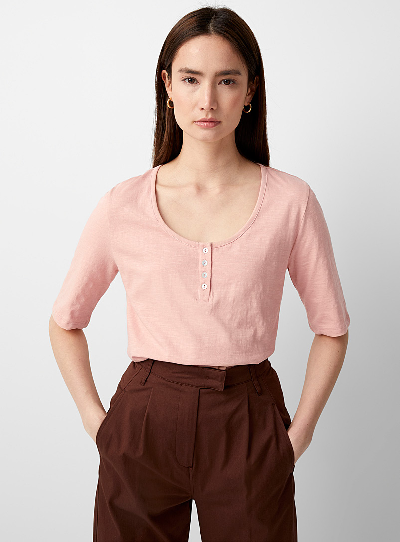 Contemporaine: Le t-shirt col boutonné jersey flammé Vieux rose pour femme
