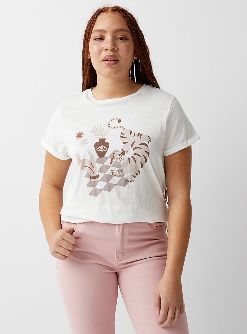Twik Patterned White Organic cotton crew-neck printed T-shirt for women