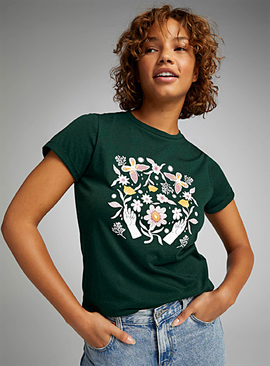 Twik: Le t-shirt col rond imprimé coton bio Vert pour femme