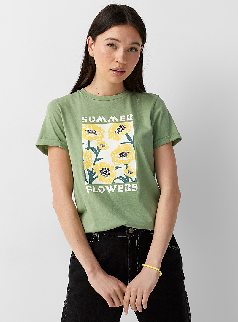 Twik: Le t-shirt col rond imprimé coton bio Vert foncé-mousse-olive pour femme