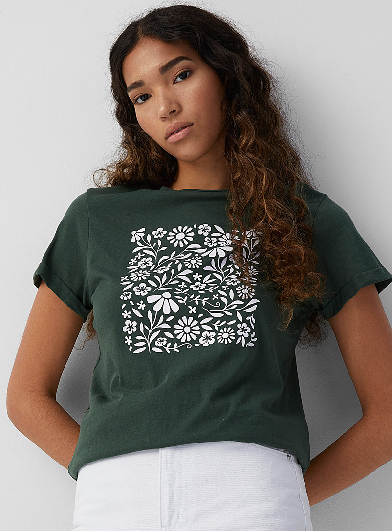 Twik Bottle Green Organic cotton crew-neck printed T-shirt for women