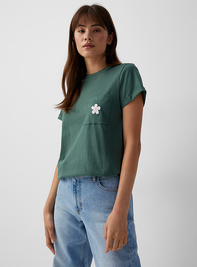 Twik Mossy Green Printed pocket T-shirt for women
