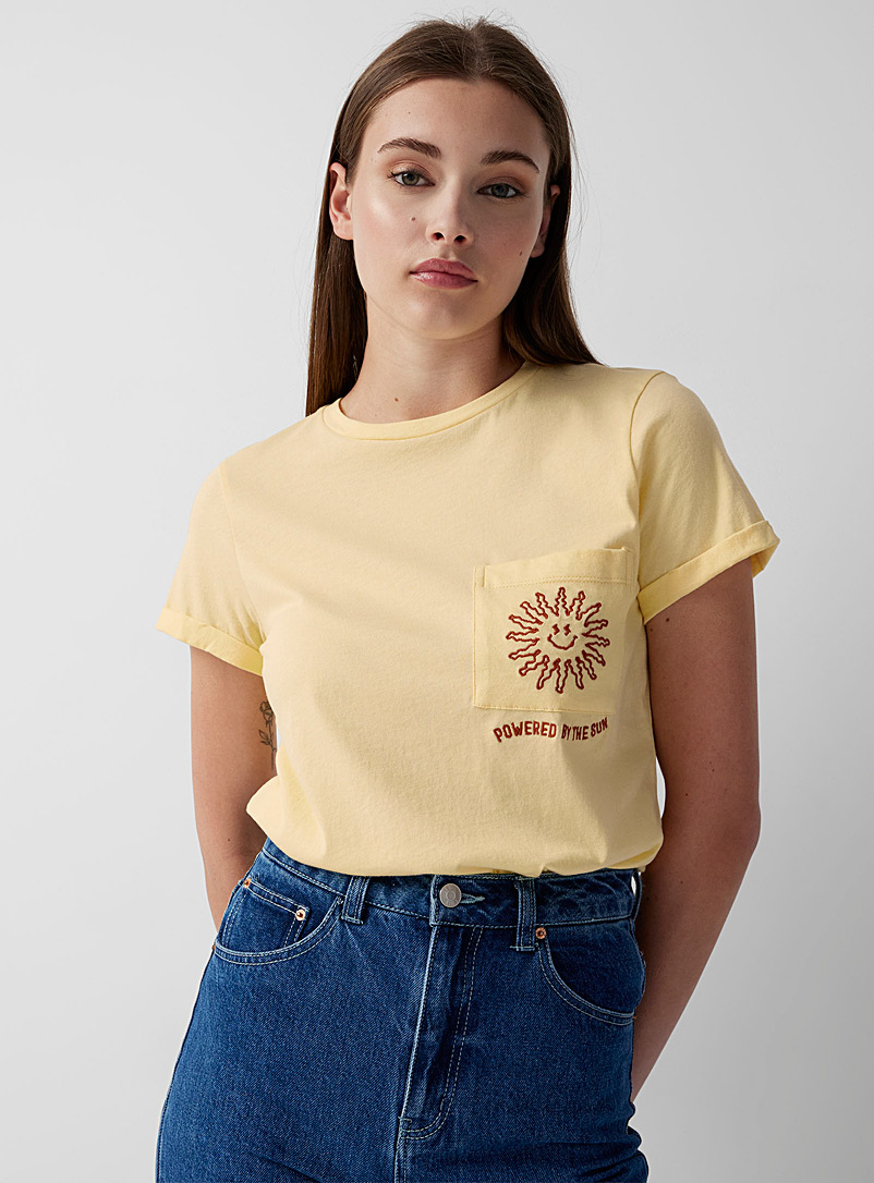 Twik Light Yellow Printed pocket T-shirt for women