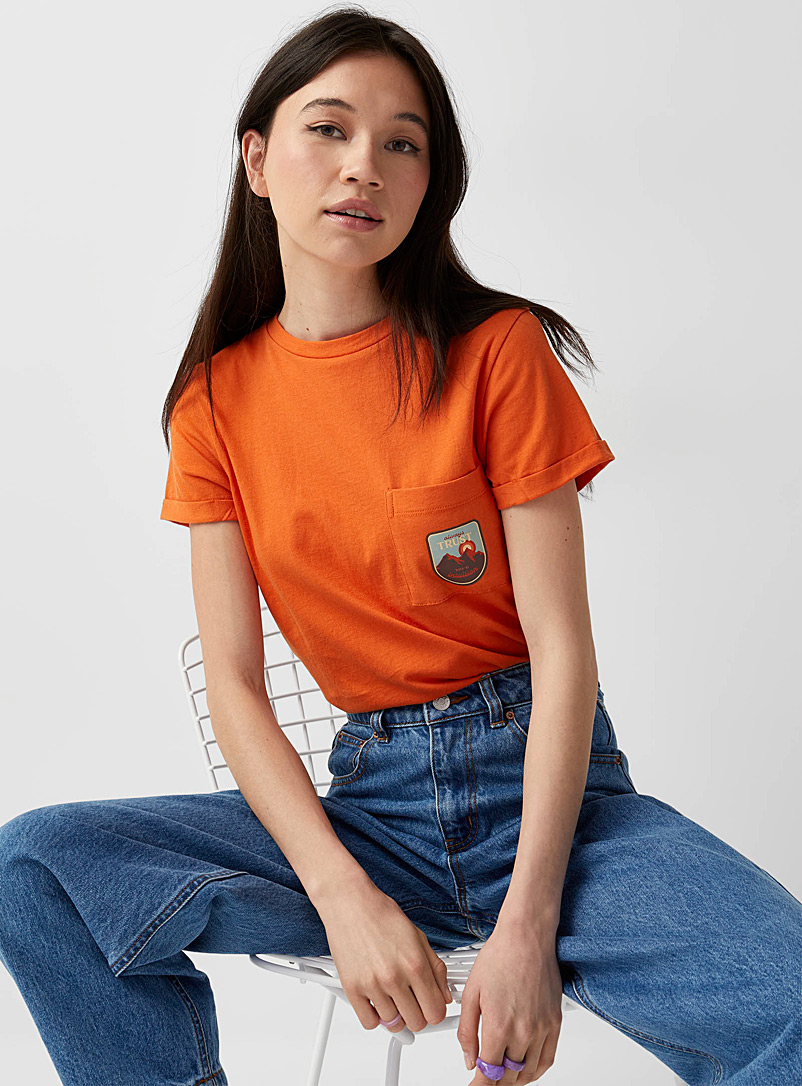 Twik Dark Orange Printed pocket T-shirt for women