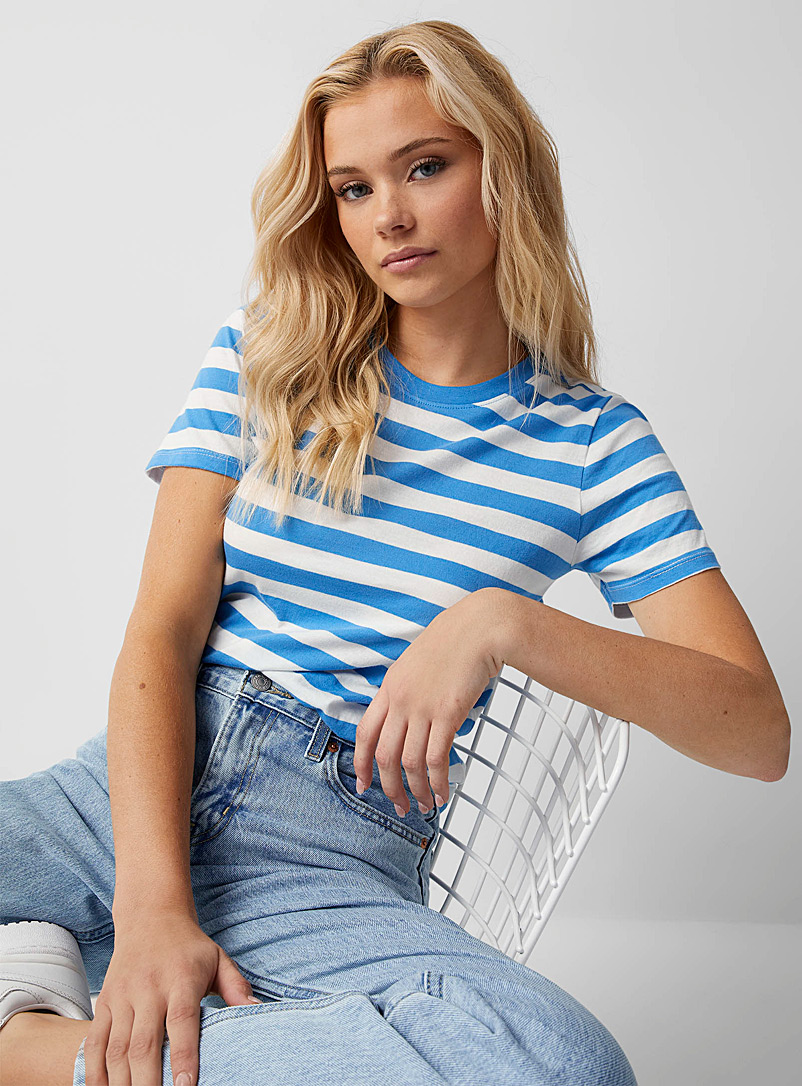 Twik Patterned Blue Three-tone stripes T-shirt for women
