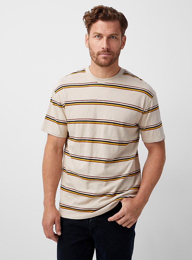 Le 31 Cream Beige Slub jersey striped T-shirt for men