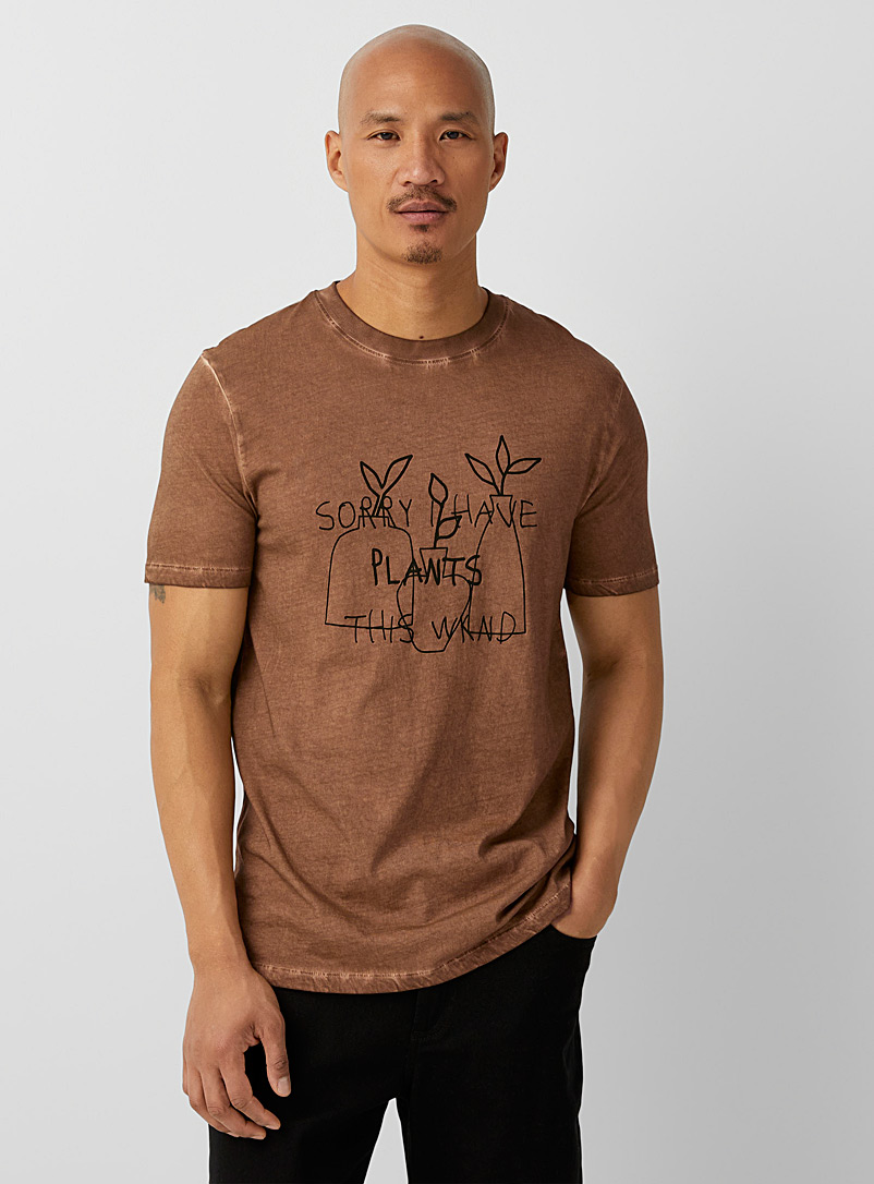 Le 31 Brown Oil-washed print T-shirt for men
