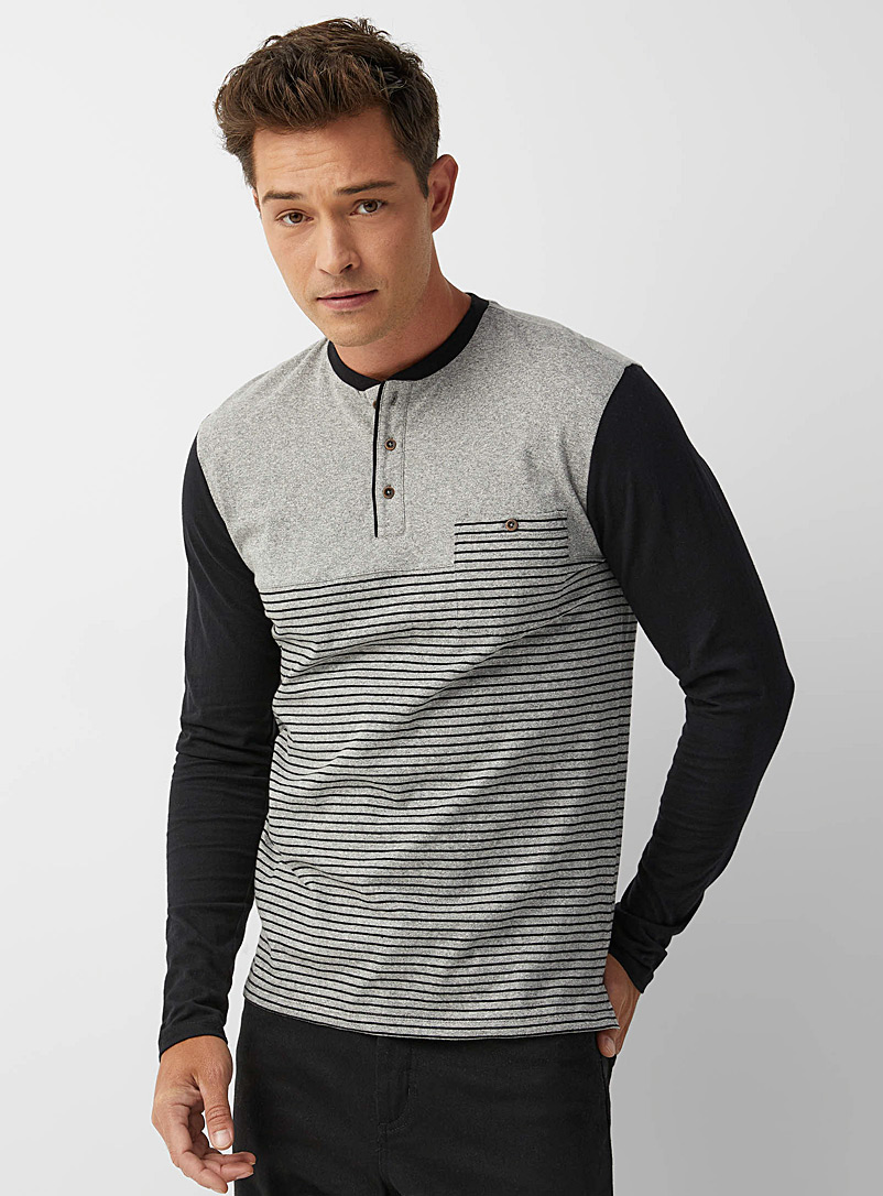 Le 31 Charcoal Block-stripe Henley T-shirt for men