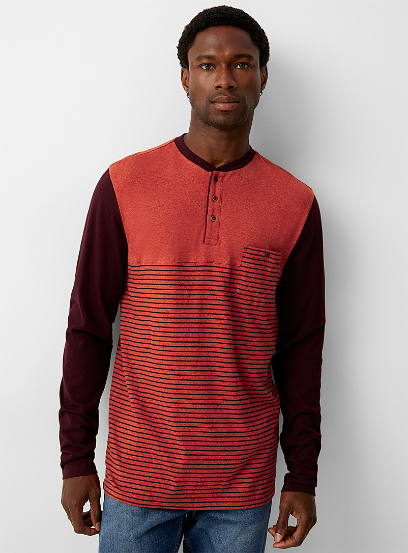 Le 31 Dark Orange Block-stripe Henley T-shirt for men