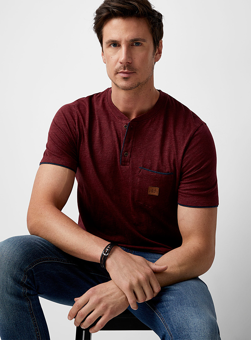 Le 31 Ruby Red Faux-leather emblem Henley T-shirt for men