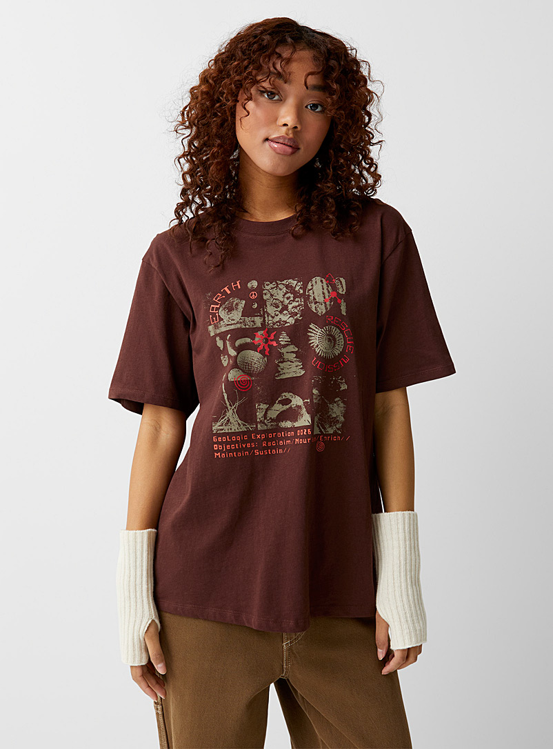 Twik Dark Brown Nostalgic print loose T-shirt for women