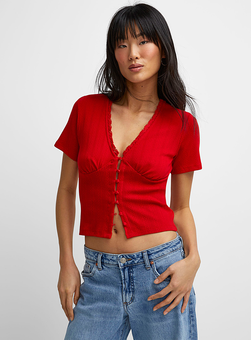 Icône Red Pointelle pattern buttoned T-shirt for women
