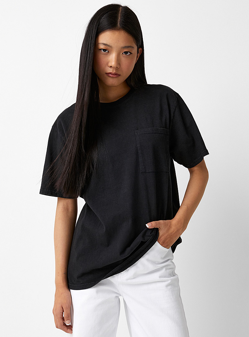 Twik Black Loose washed T-shirt with pocket for women