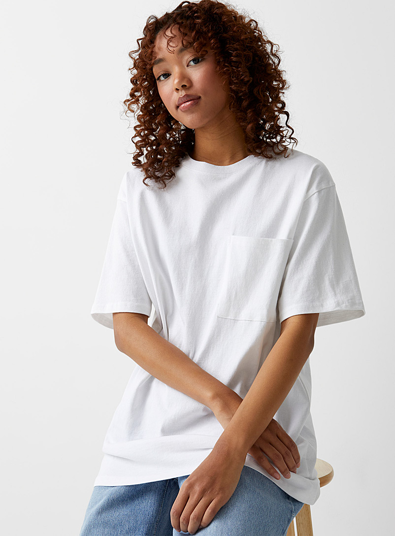 Twik White Loose washed T-shirt with pocket for women